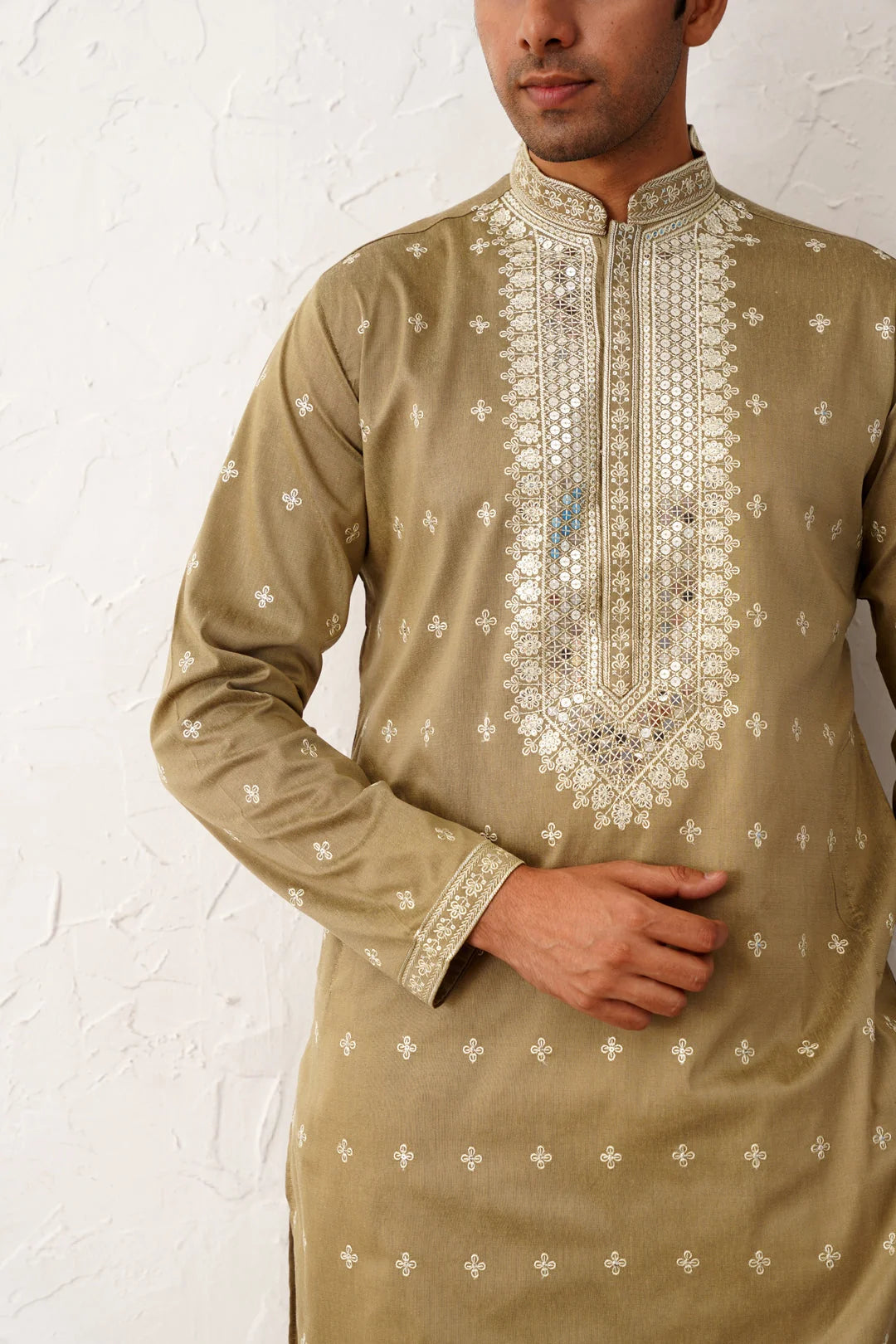 Beige Embroidered Mens Kurta Pajama Set | Cotton Silk Blend