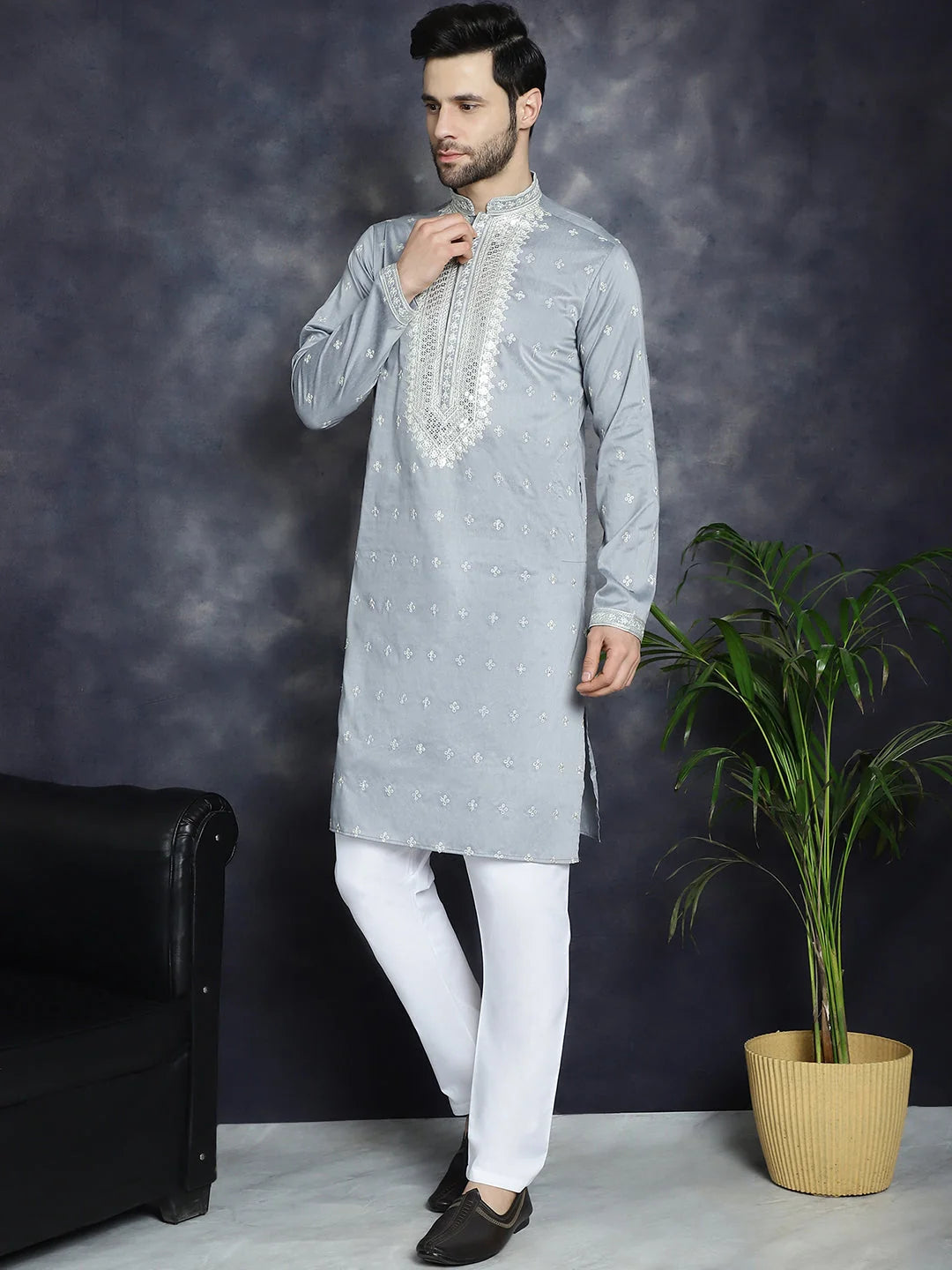 Grey Sequin Embroidered Mens Kurta Pajama Set | Kurta Pajama