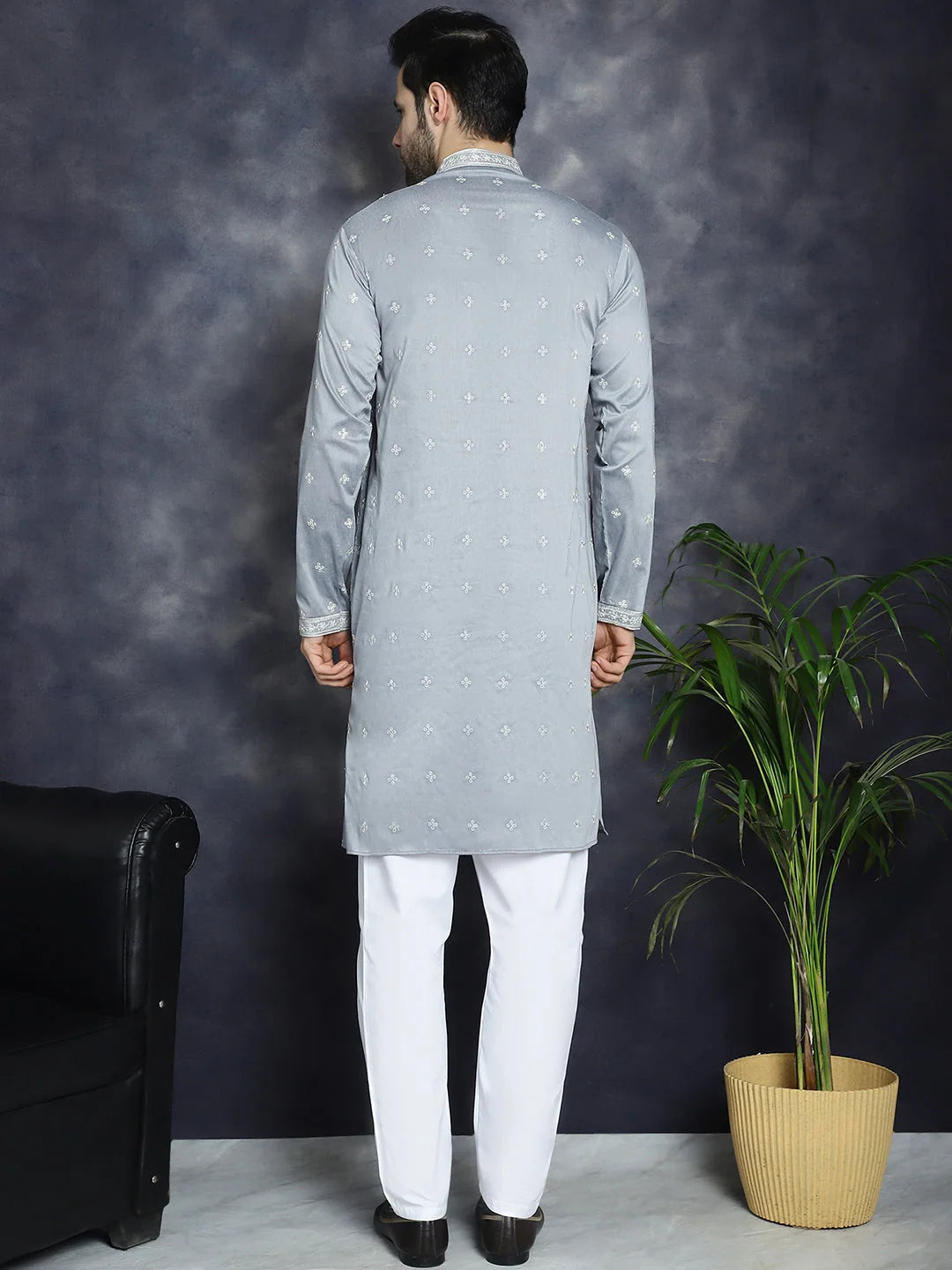Grey Sequin Embroidered Mens Kurta Pajama Set | Kurta Pajama