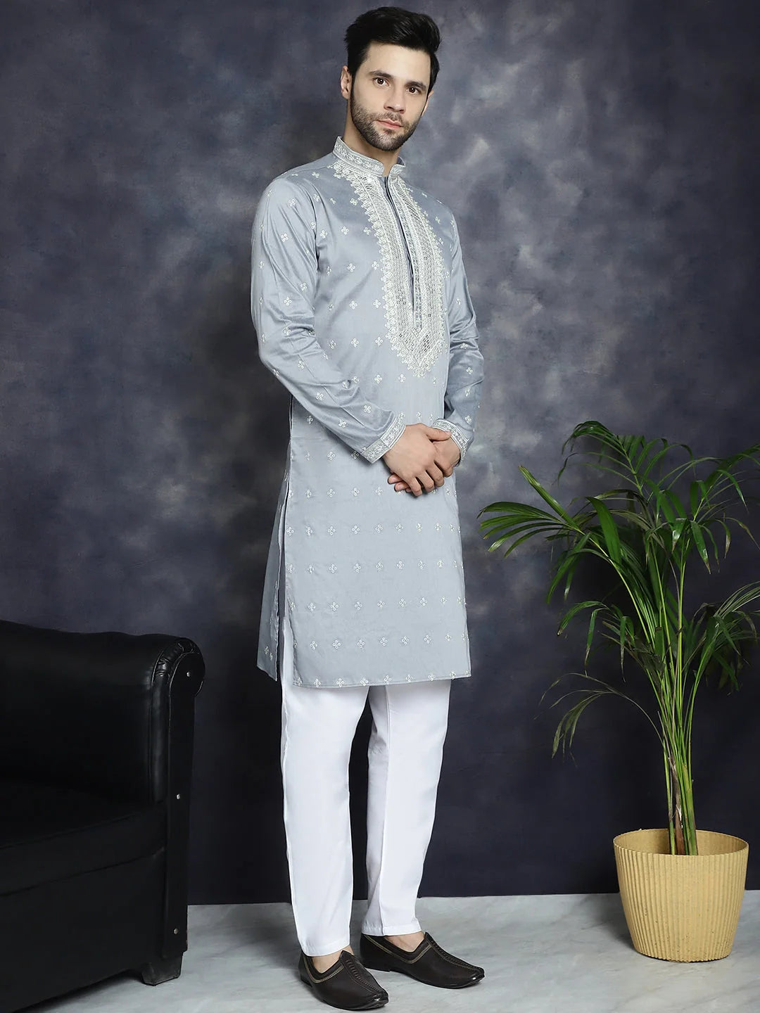 Grey Sequin Embroidered Mens Kurta Pajama Set | Kurta Pajama