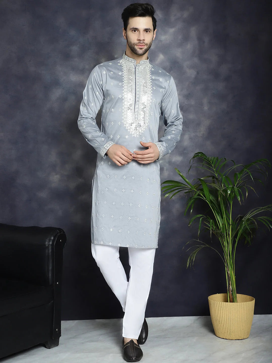 Grey Sequin Embroidered Mens Kurta Pajama Set | Kurta Pajama