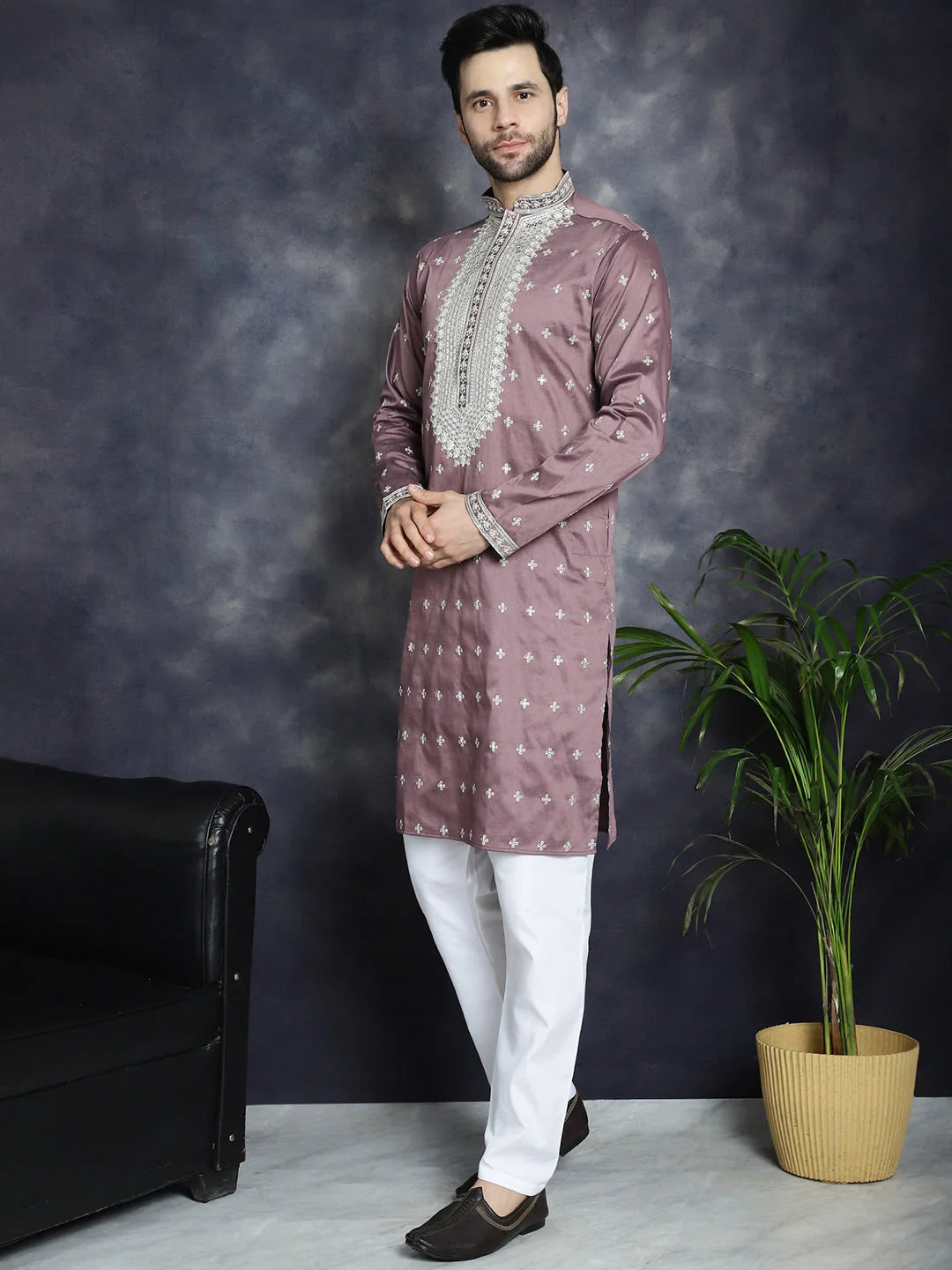 Magenta Sequin Embroidered Mens Kurta Pajama Set | Kurta Pajama