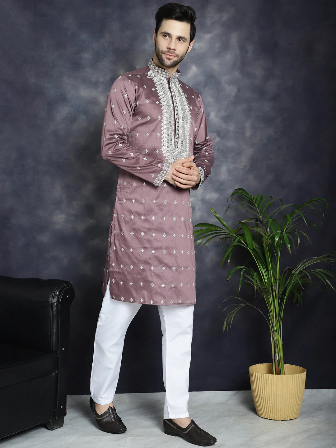 Magenta Sequin Embroidered Mens Kurta Pajama Set | Kurta Pajama