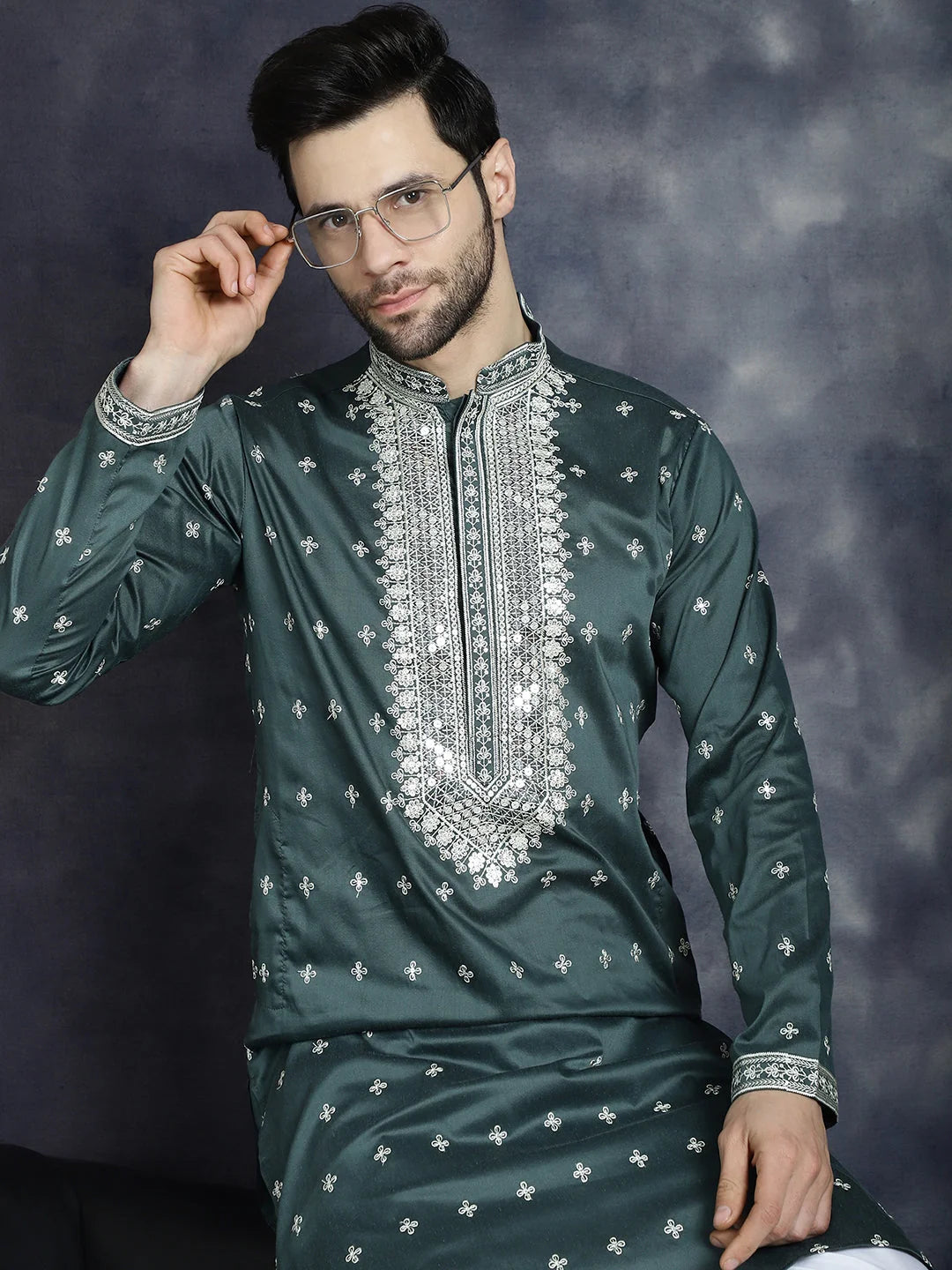 Olive Sequin Embroidered Mens Kurta Pajama Set | Kurta Pajama