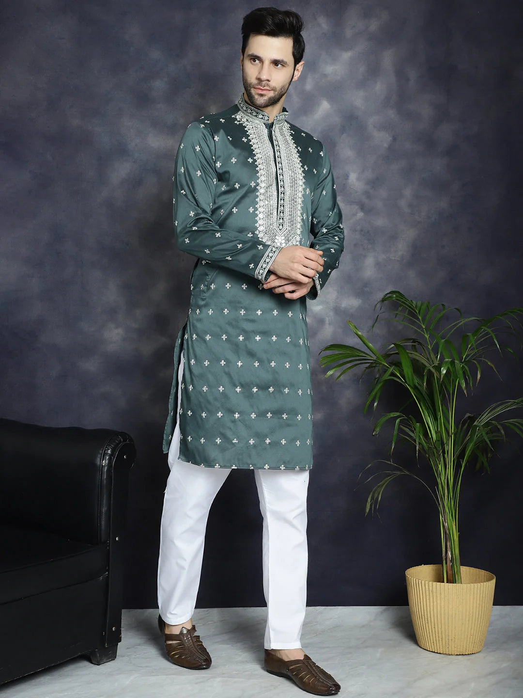 Olive Sequin Embroidered Mens Kurta Pajama Set | Kurta Pajama