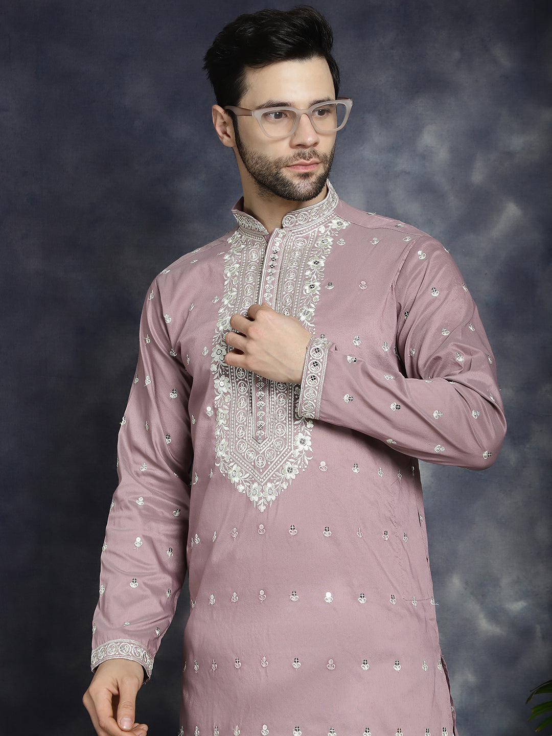 Magenta Chikankari Mens Kurta Pajama Set | Festive Wear