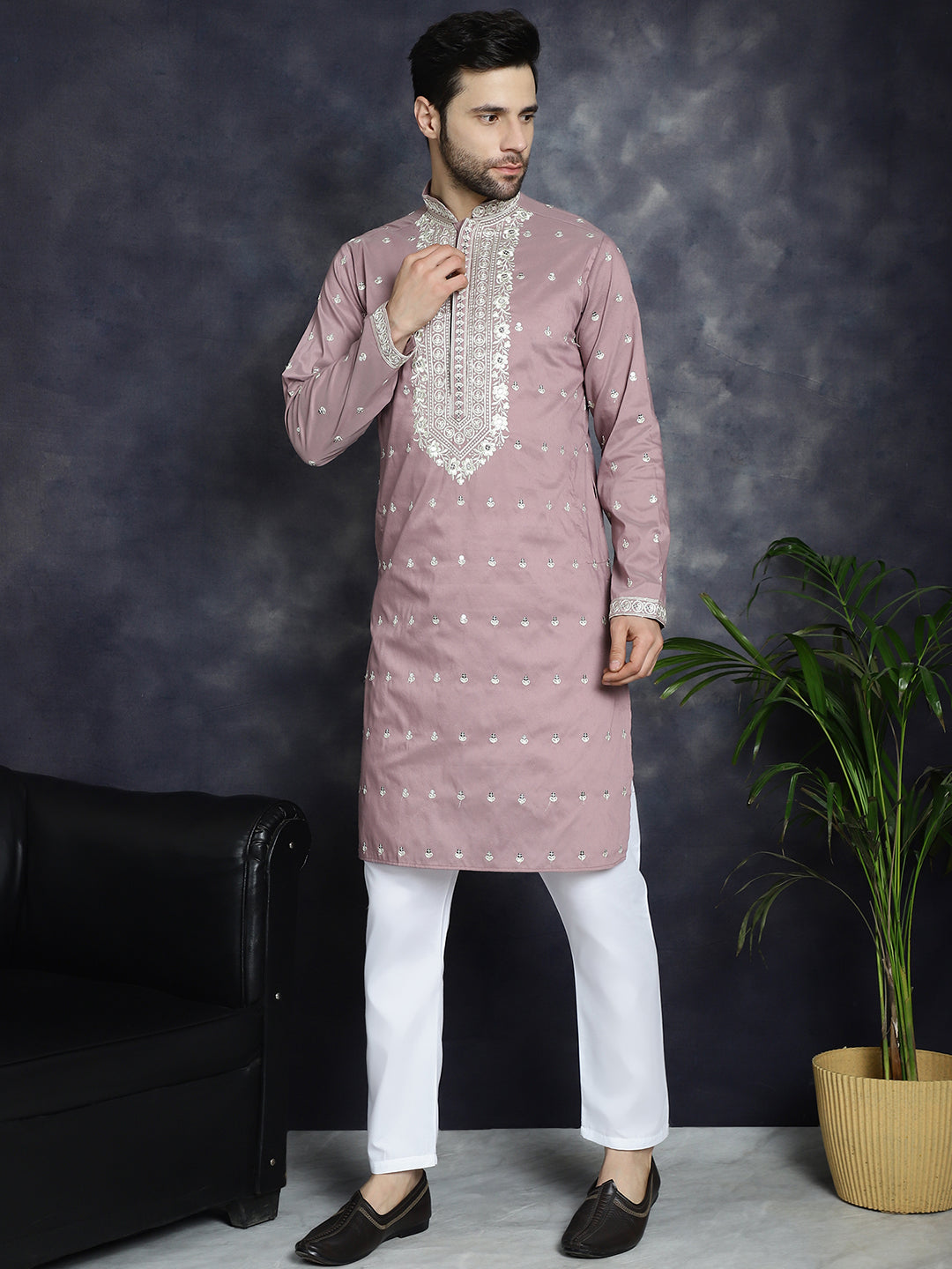 Magenta Chikankari Mens Kurta Pajama Set | Festive Wear