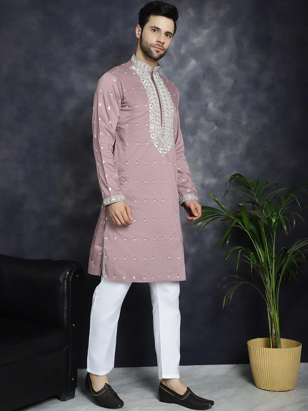 Magenta Chikankari Mens Kurta Pajama Set | Festive Wear