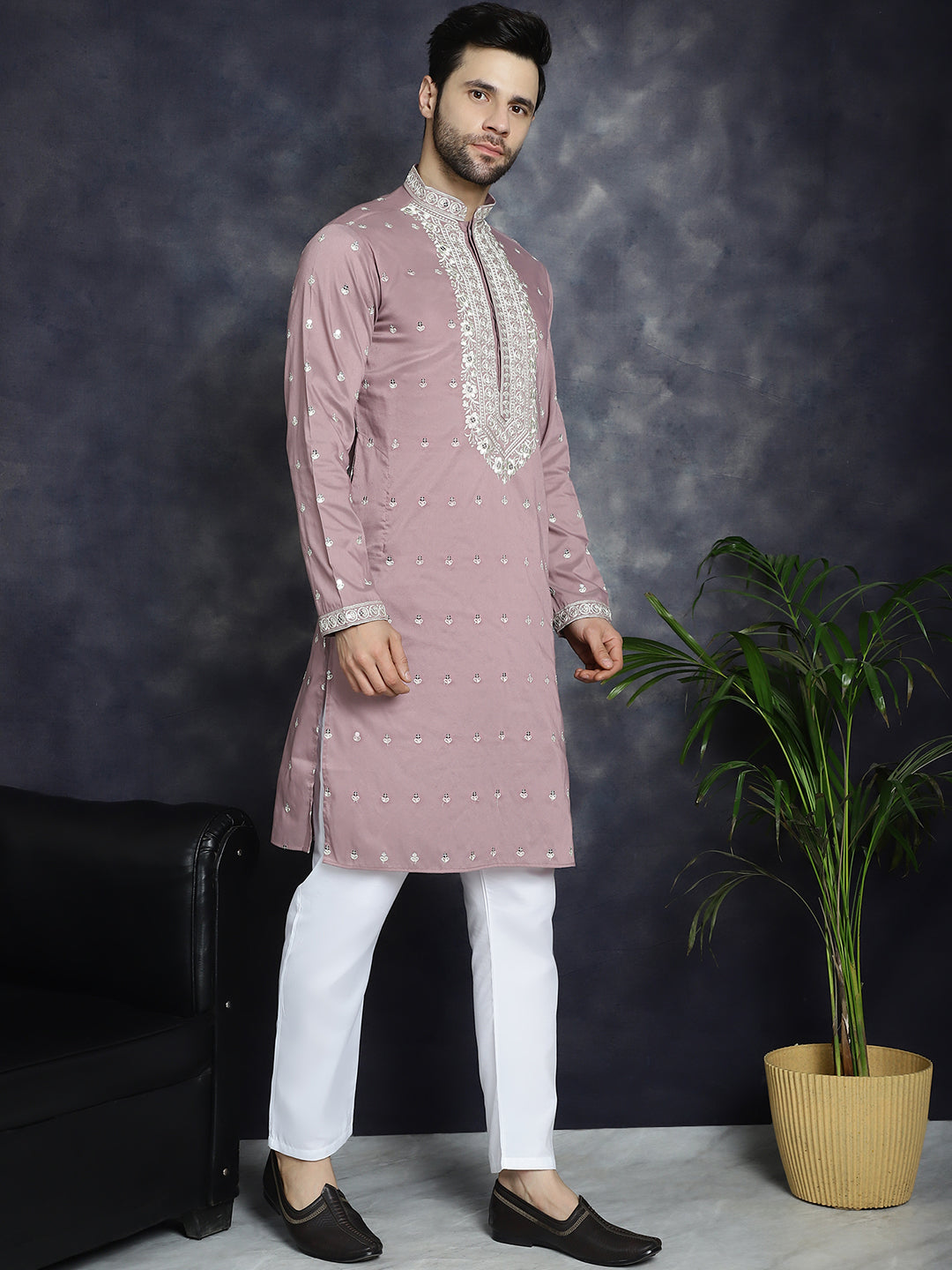 Magenta Chikankari Mens Kurta Pajama Set | Festive Wear