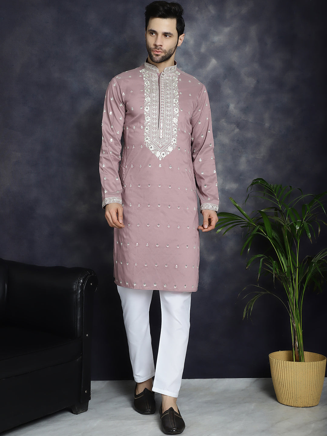 Magenta Chikankari Mens Kurta Pajama Set | Festive Wear