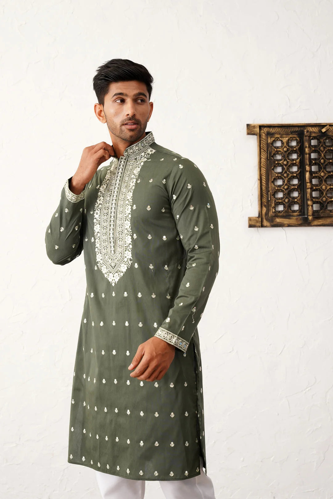 Olive Chikankari Embroidered Mens Kurta Pajama Set