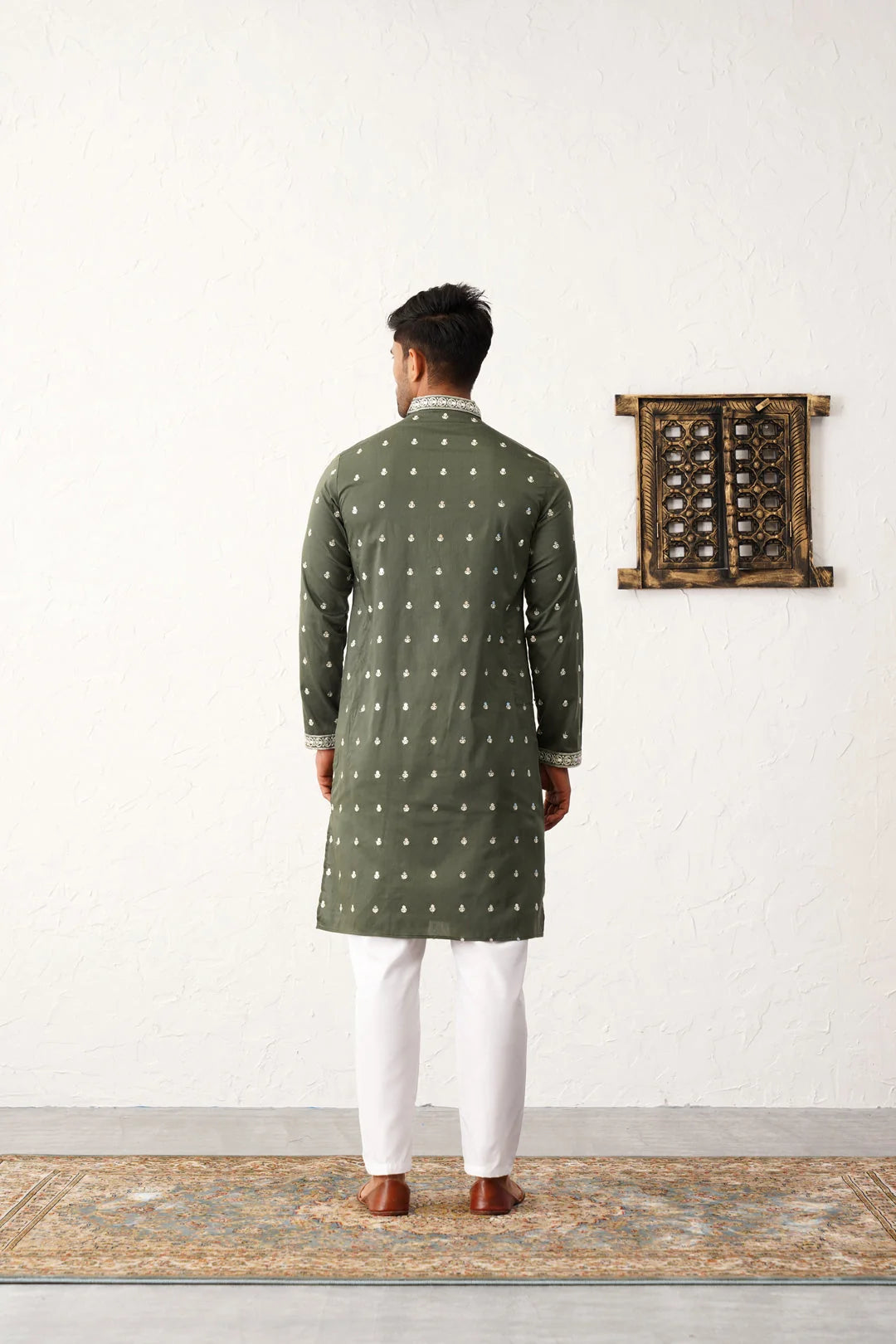 Olive Chikankari Embroidered Mens Kurta Pajama Set