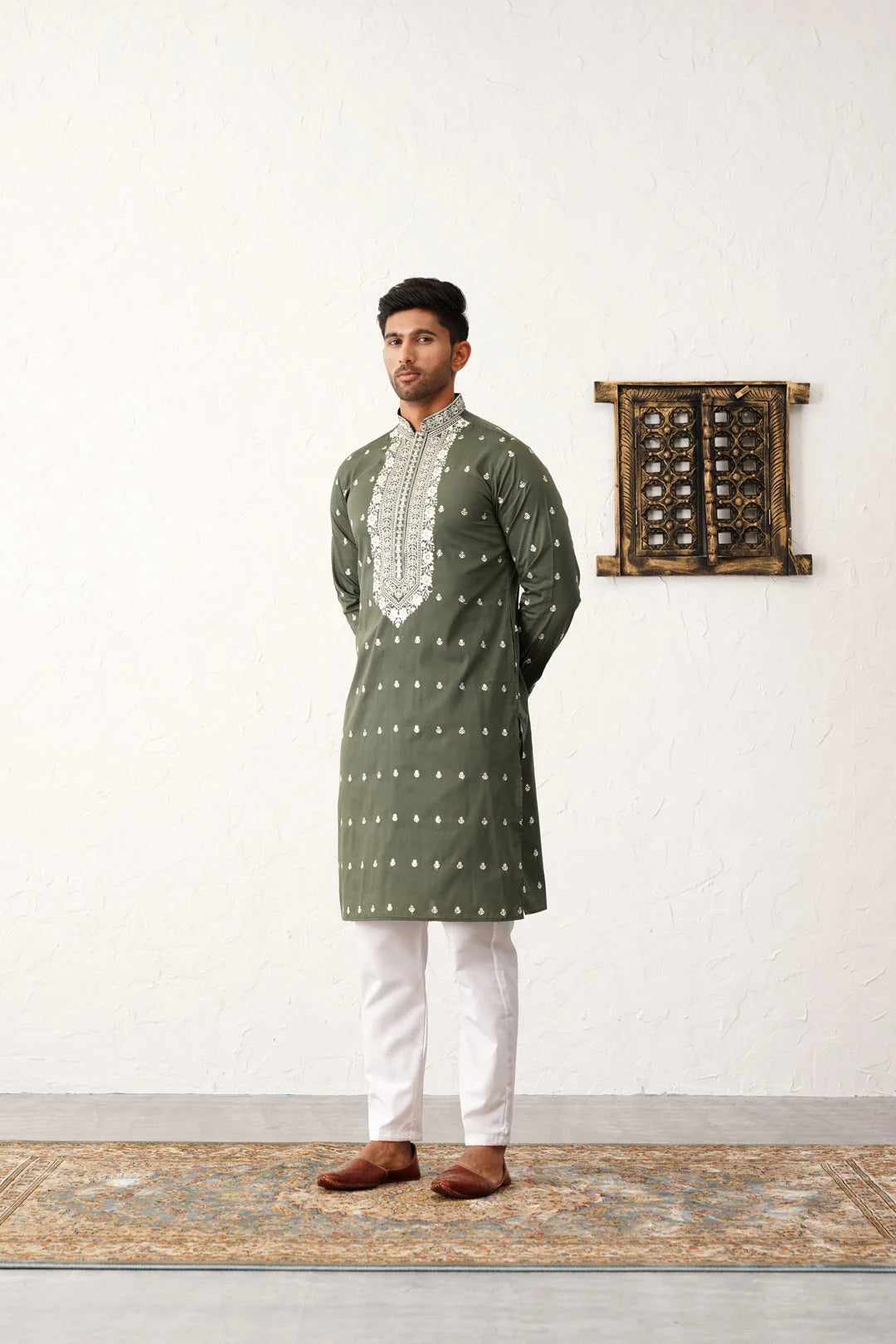 Olive Chikankari Embroidered Mens Kurta Pajama Set