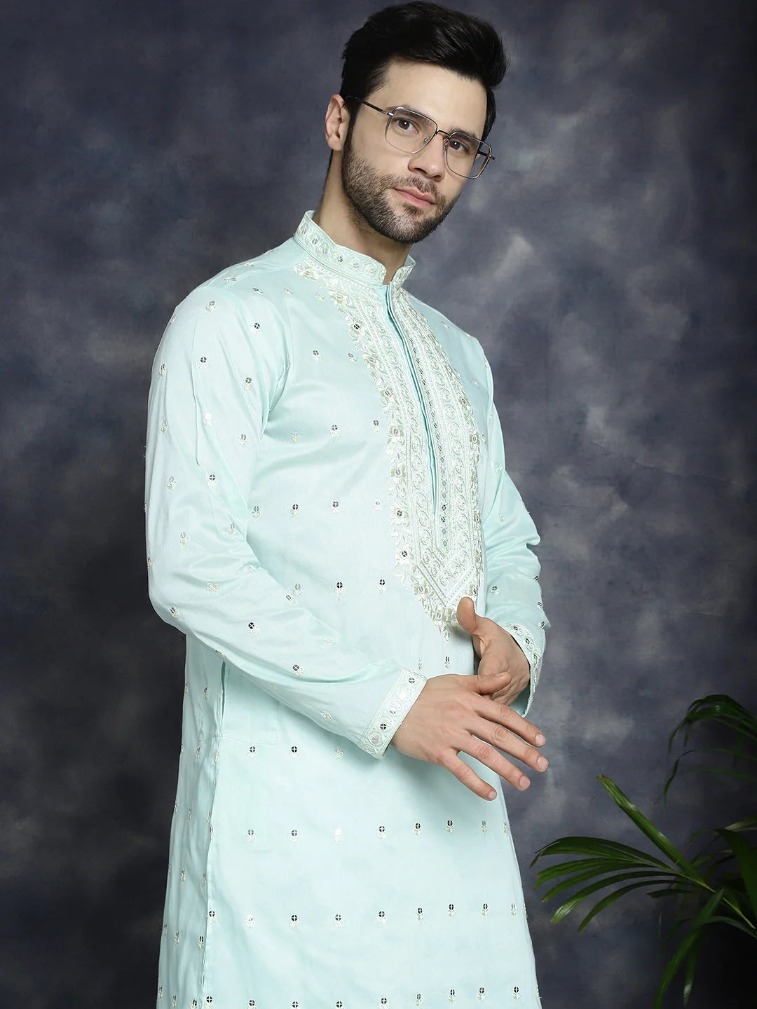 Sky Blue Embroidered Mens Kurta Pajama Set - Pathani Style
