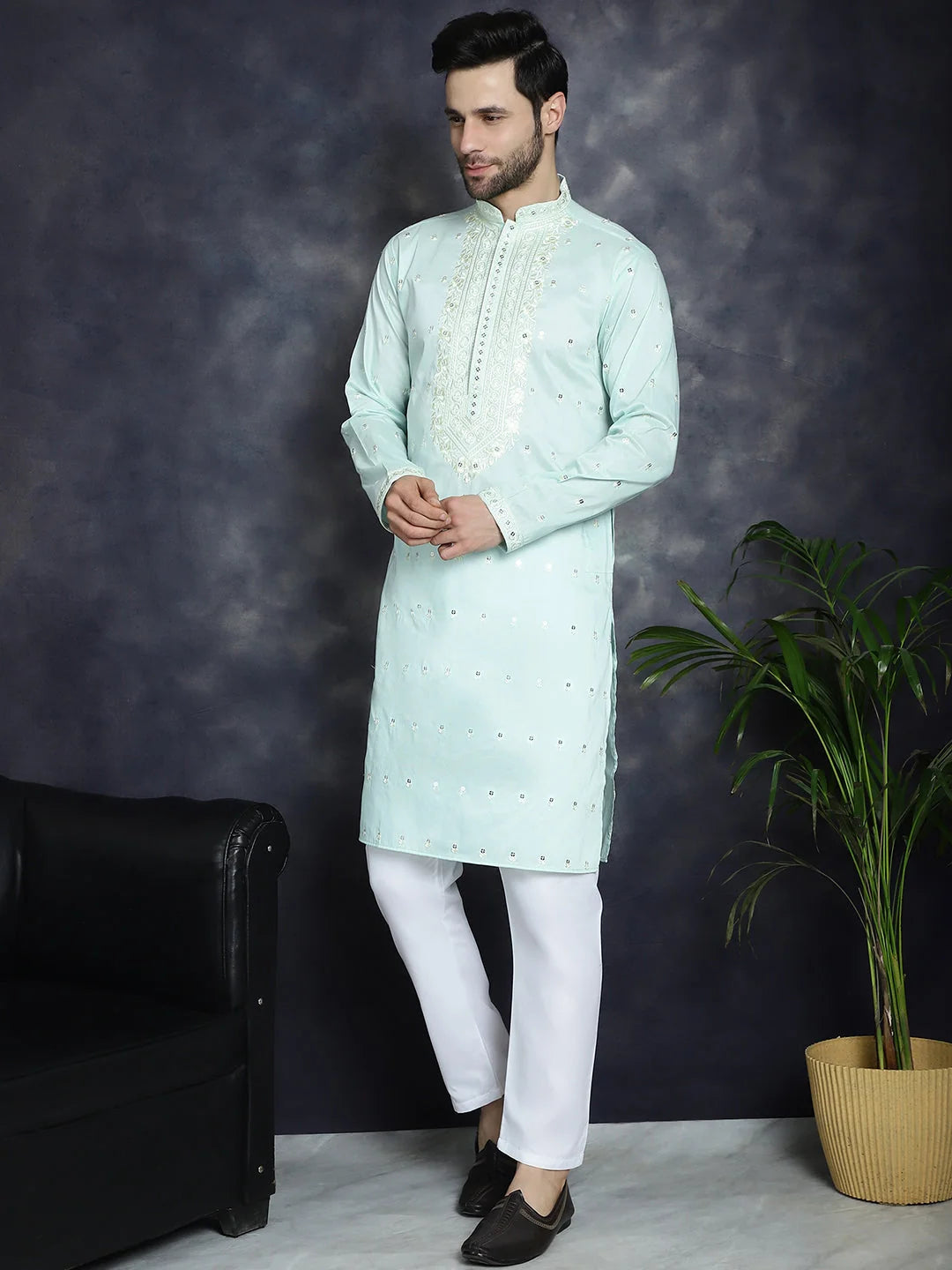 Sky Blue Embroidered Mens Kurta Pajama Set - Pathani Style