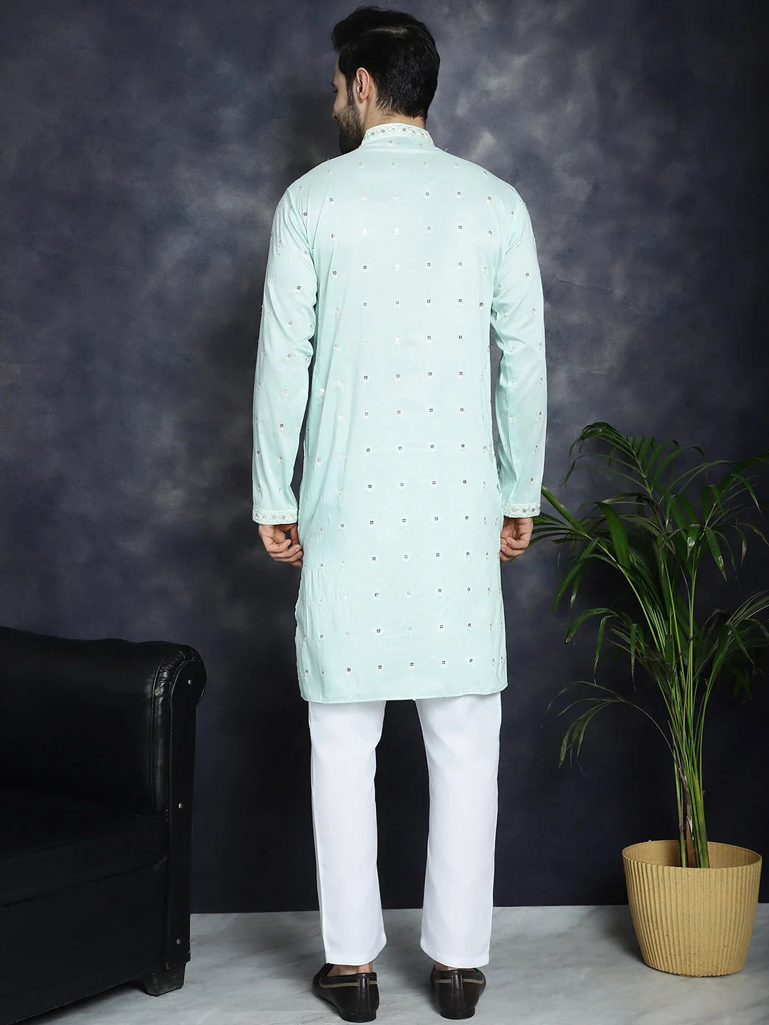Sky Blue Embroidered Mens Kurta Pajama Set - Pathani Style