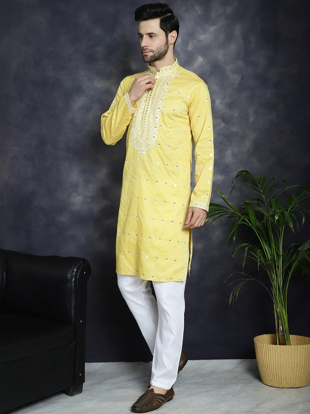 Yellow Embroidered Mens Kurta Pajama Set - Silk Blend Pathani