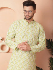 Men Green and White Floral Printed Kurta with Churidar-JOKP-P