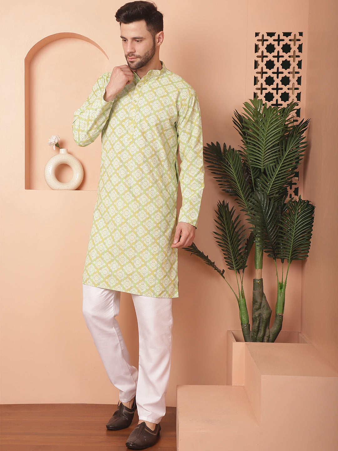 Green Floral Mens Kurta Pajama Set - Cotton Blend, Printed