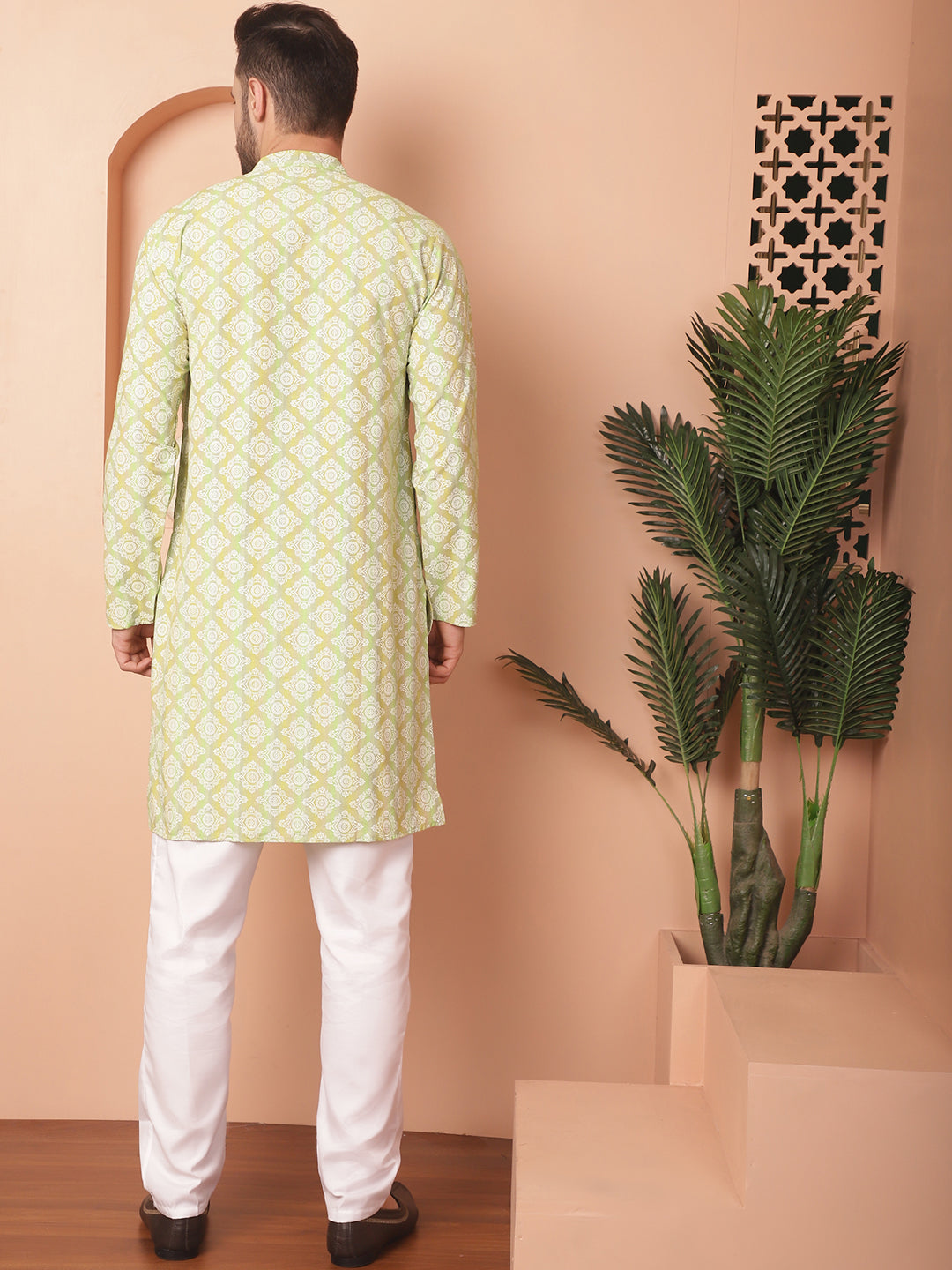 Green Floral Mens Kurta Pajama Set - Cotton Blend, Printed