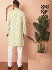 Men Green and White Floral Printed Kurta with Churidar-JOKP-P