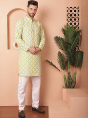 Men Green and White Floral Printed Kurta with Churidar-JOKP-P