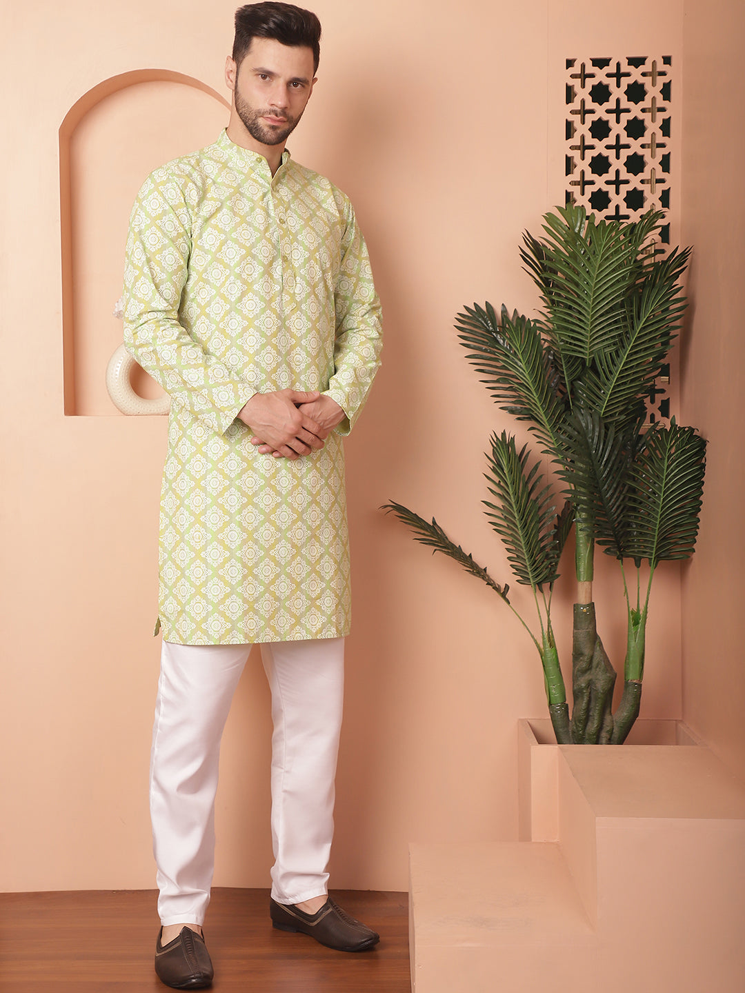 Green Floral Mens Kurta Pajama Set - Cotton Blend, Printed