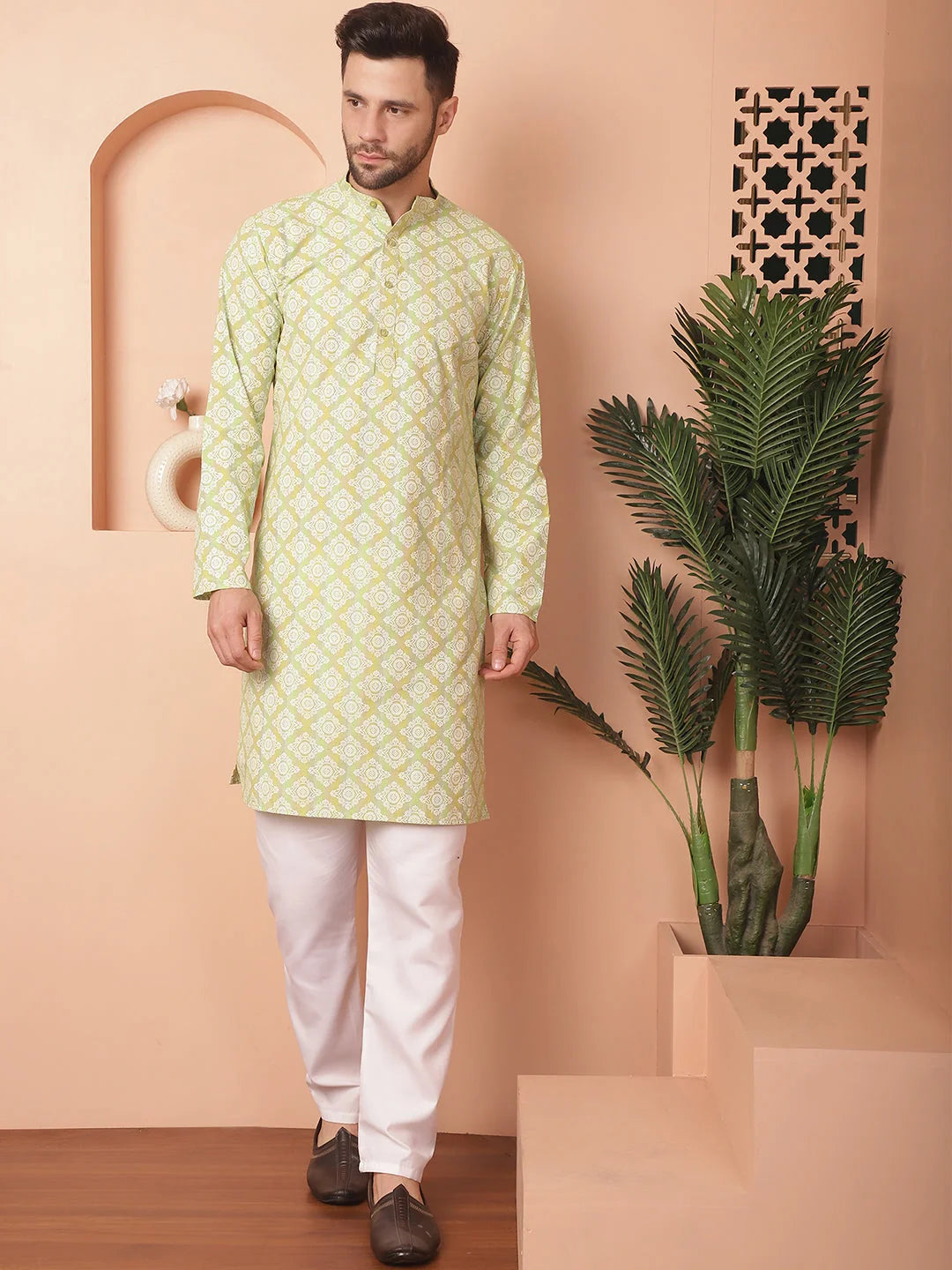 Green Floral Mens Kurta Pajama Set - Cotton Blend, Printed