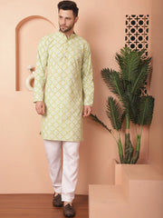 Men Green and White Floral Printed Kurta with Churidar-JOKP-P