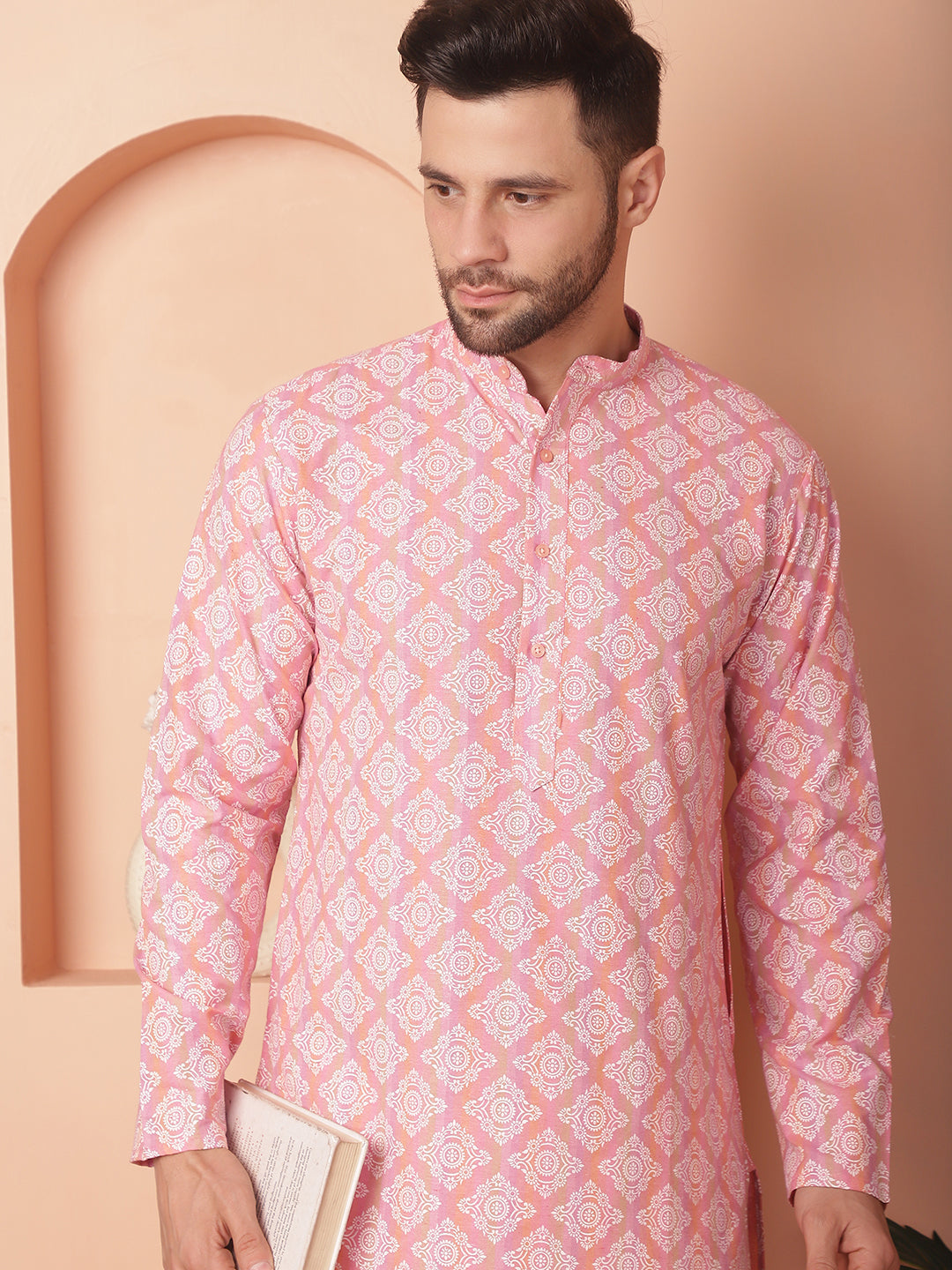 Peach Floral Printed Kurta Churidar - Mens Kurta Pajama Set