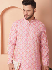 Men Peach and White Floral Printed Kurta with Churidar-JOKP-P
