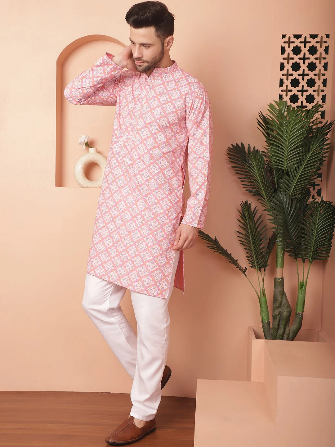 Peach Floral Printed Kurta Churidar - Mens Kurta Pajama Set