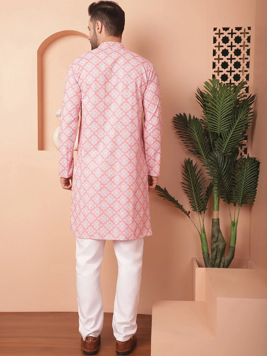 Peach Floral Printed Kurta Churidar - Mens Kurta Pajama Set