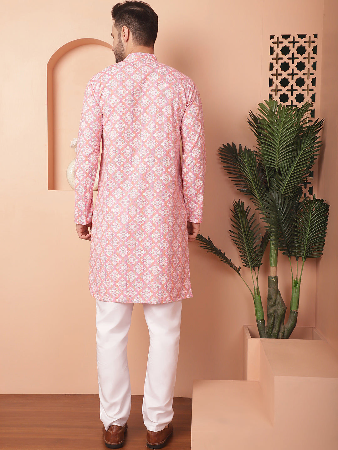 Peach Floral Printed Kurta Churidar - Mens Kurta Pajama Set