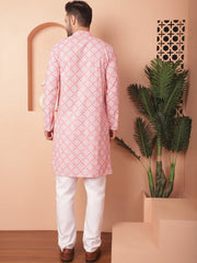 Men Peach and White Floral Printed Kurta with Churidar-JOKP-P