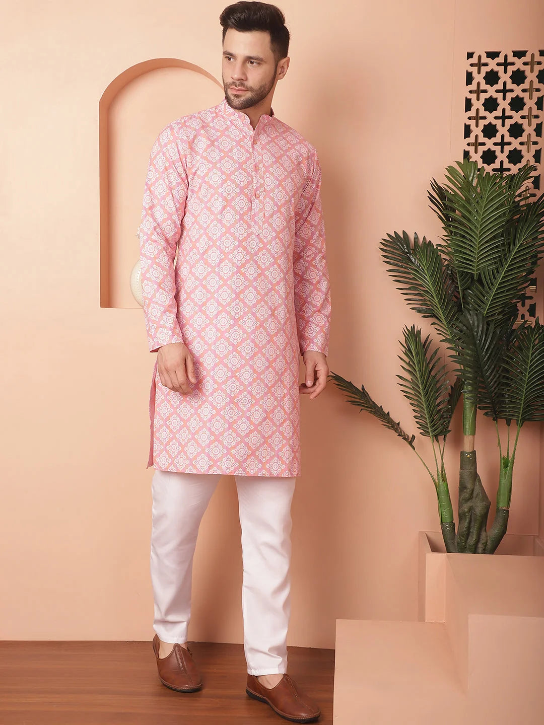 Peach Floral Printed Kurta Churidar - Mens Kurta Pajama Set