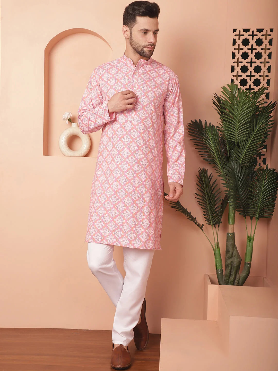 Peach Floral Printed Kurta Churidar - Mens Kurta Pajama Set