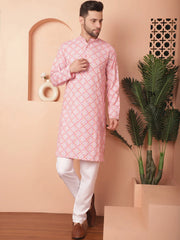 Men Peach and White Floral Printed Kurta with Churidar-JOKP-P