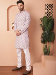 Men Purple and White Floral Printed Kurta with Churidar-JOKP-P