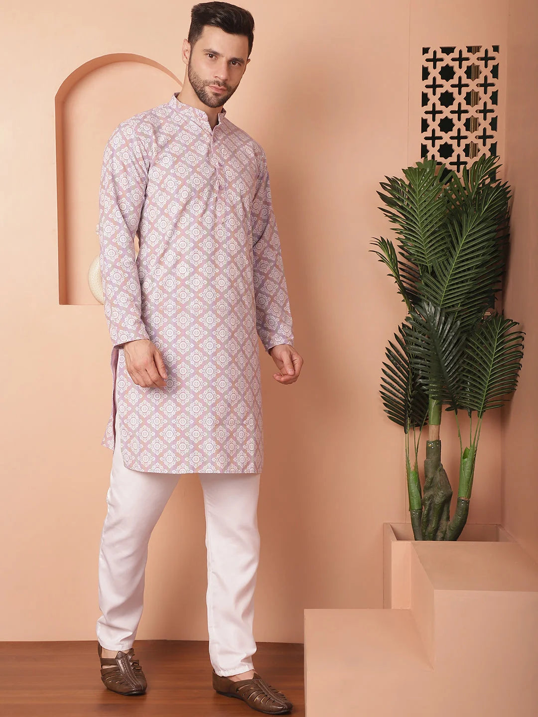 Purple Floral Printed Kurta Churidar - Mens Kurta Pajama Set