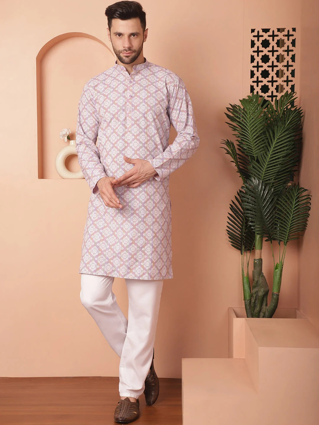 Purple Floral Printed Kurta Churidar - Mens Kurta Pajama Set