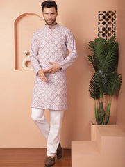 Men Purple and White Floral Printed Kurta with Churidar-JOKP-P