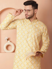 Men Yellow and White Floral Printed Kurta with Churidar-JOKP-P