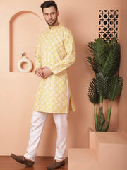 Men Yellow and White Floral Printed Kurta with Churidar-JOKP-P