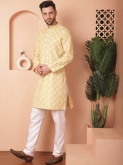 Men Yellow and White Floral Printed Kurta with Churidar-JOKP-P