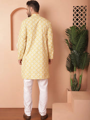 Men Yellow and White Floral Printed Kurta with Churidar-JOKP-P