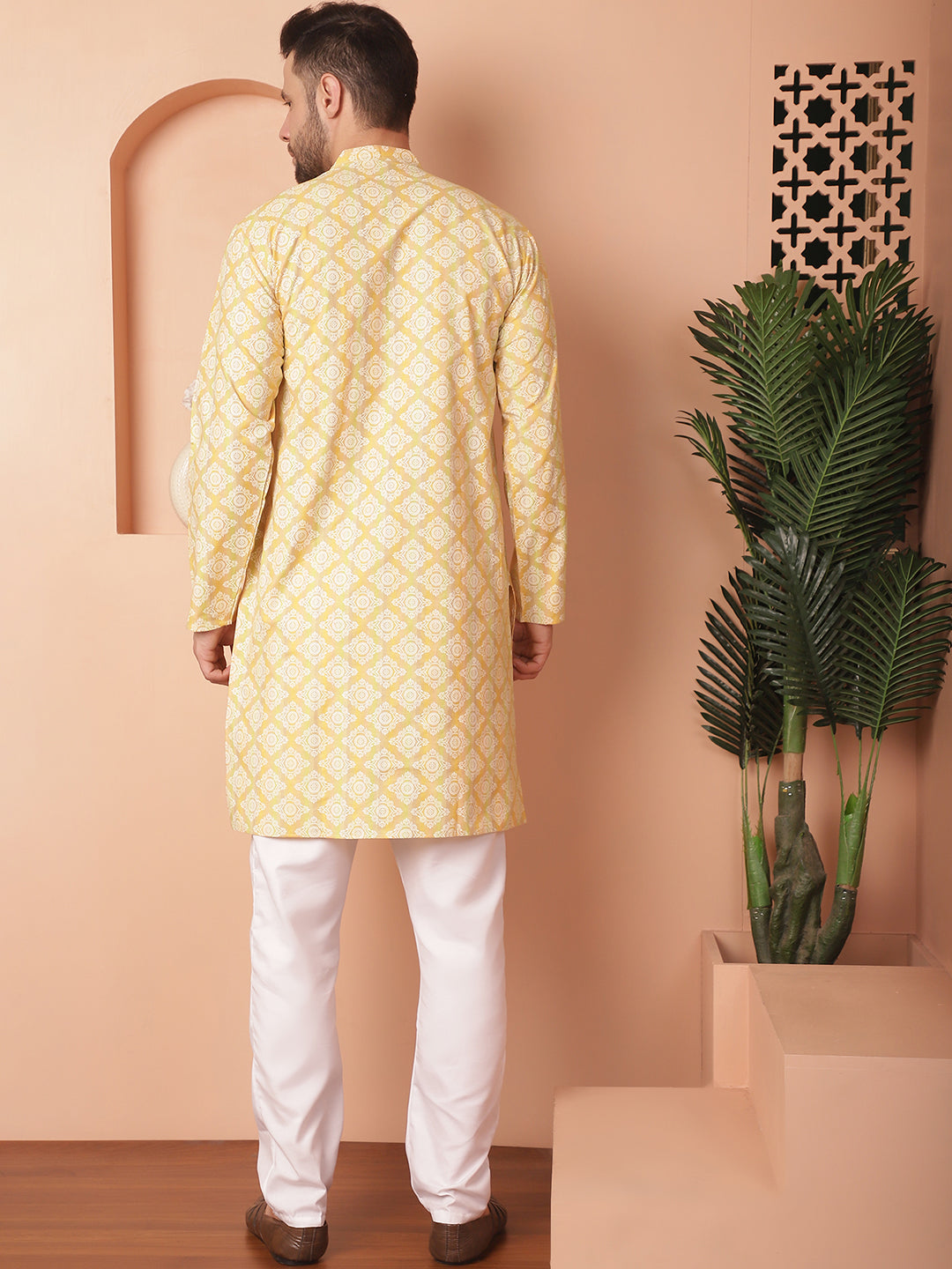 Yellow Floral Printed Kurta Churidar - Mens Kurta Pajama Set