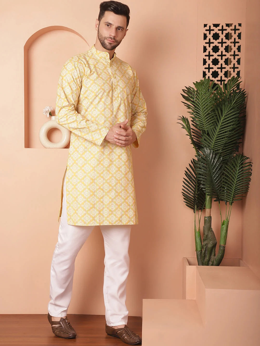 Yellow Floral Printed Kurta Churidar - Mens Kurta Pajama Set