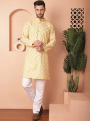 Men Yellow and White Floral Printed Kurta with Churidar-JOKP-P
