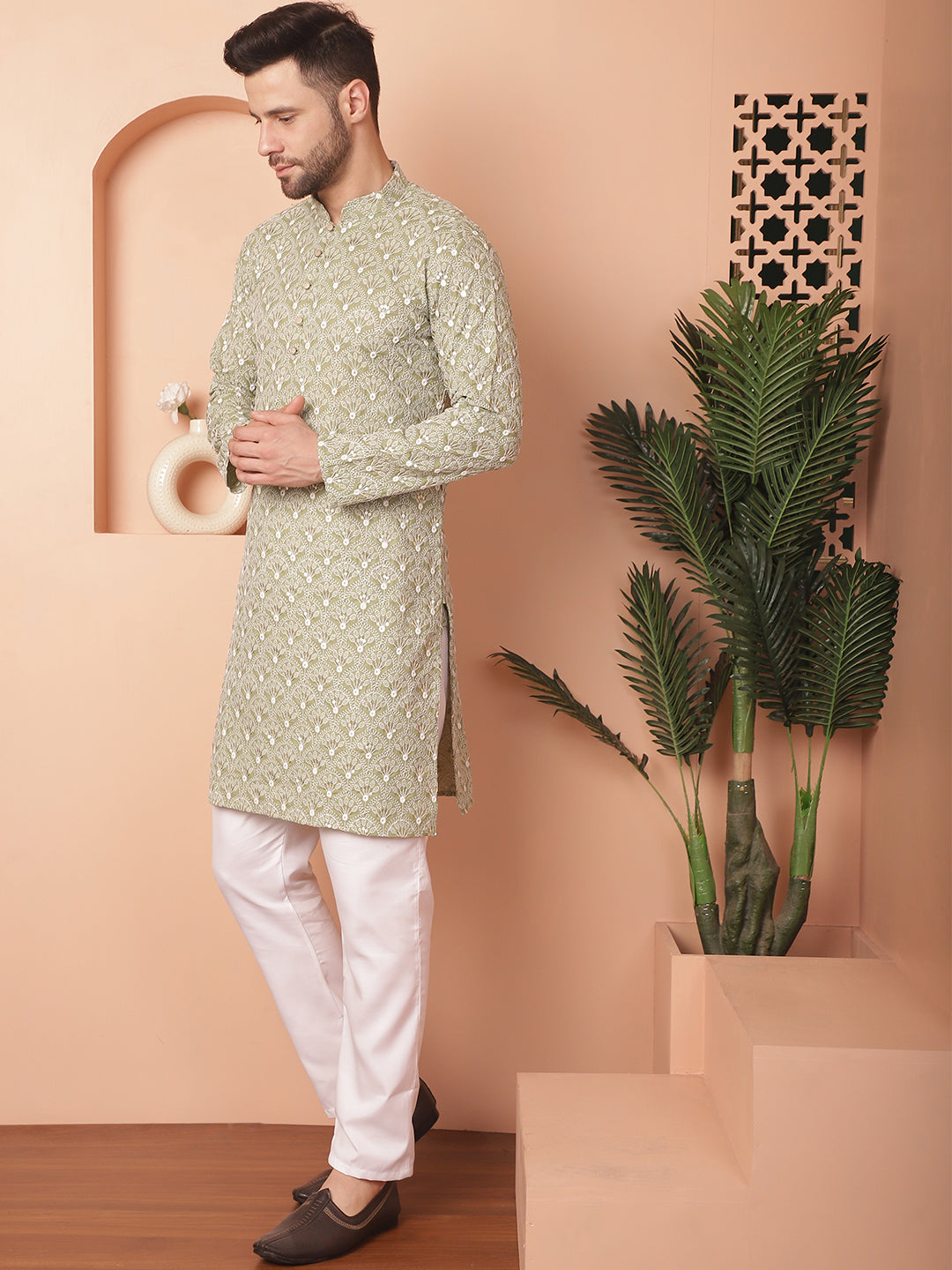 Green Chikankari Kurta Pajama - Mens Kurta Pajama Set Online